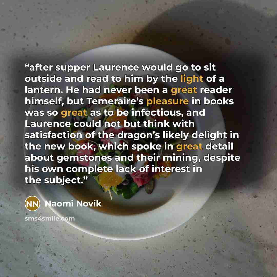 “after supper Laurence would go to sit outside and read to him by the light of a lantern. He had never been a great reader himself, but Temeraire’s pleasure in books was so great as to be infectious, and Laurence could not but think with satisfaction of the dragon’s likely delight in the new book…” quote by Naomi Novik