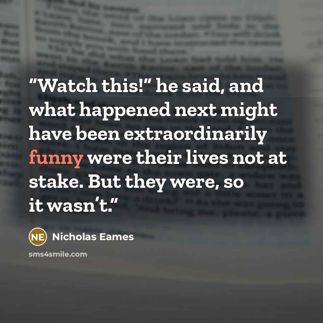 “Watch this!” he said, and what happened next might have been extraordinarily funny were their lives not at stake. But they were, so it wasn’t.” quote by Nicholas Eames