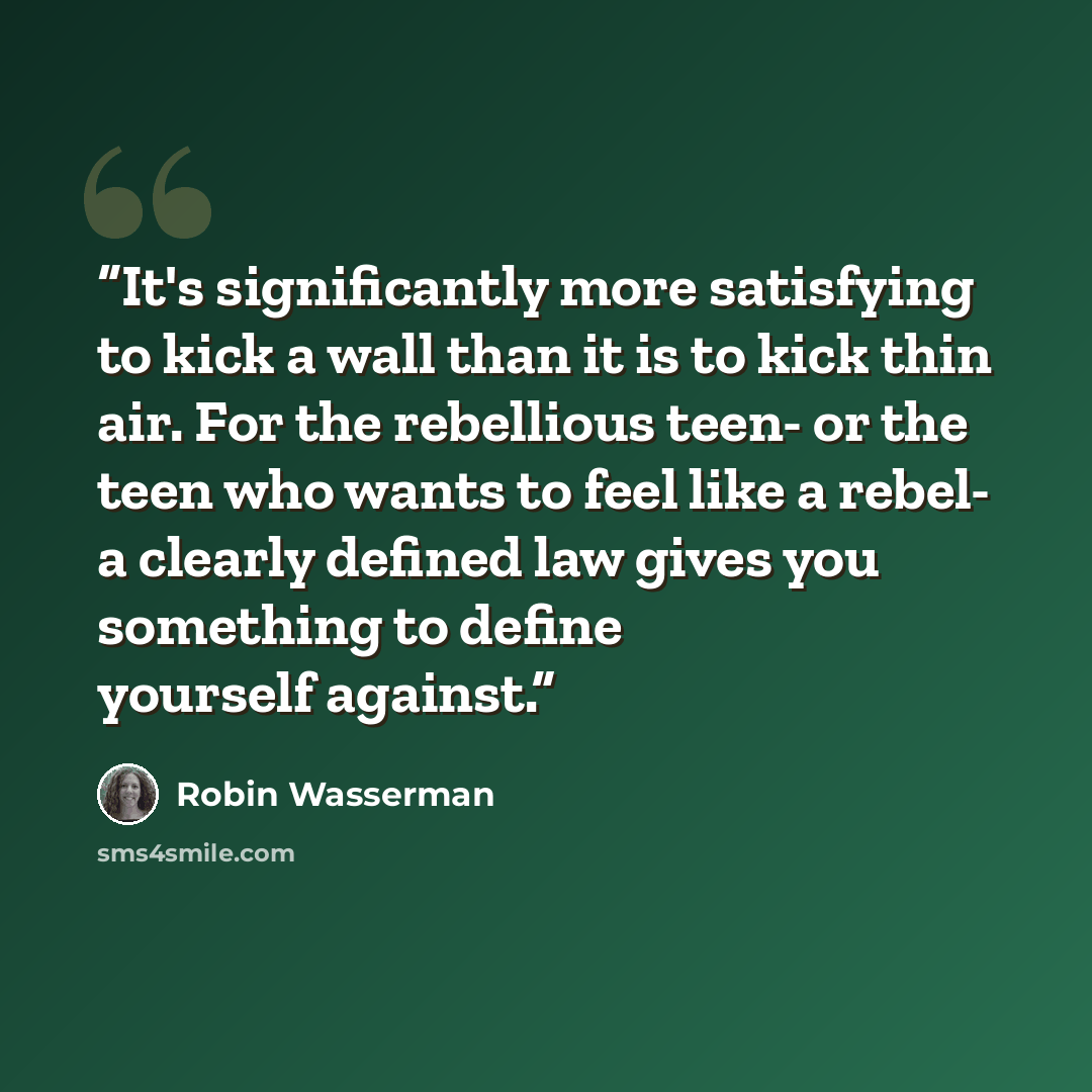 “It's significantly more satisfying to kick a wall than it is to kick thin air. For the rebellious teen- or the teen who wants to feel like a rebel- a clearly defined law gives you something to define yourself against.” quote by Robin Wasserman