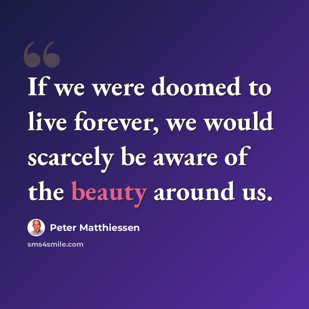 “If we were doomed to live forever, we would scarcely be aware of the beauty around us.” quote by Peter Matthiessen