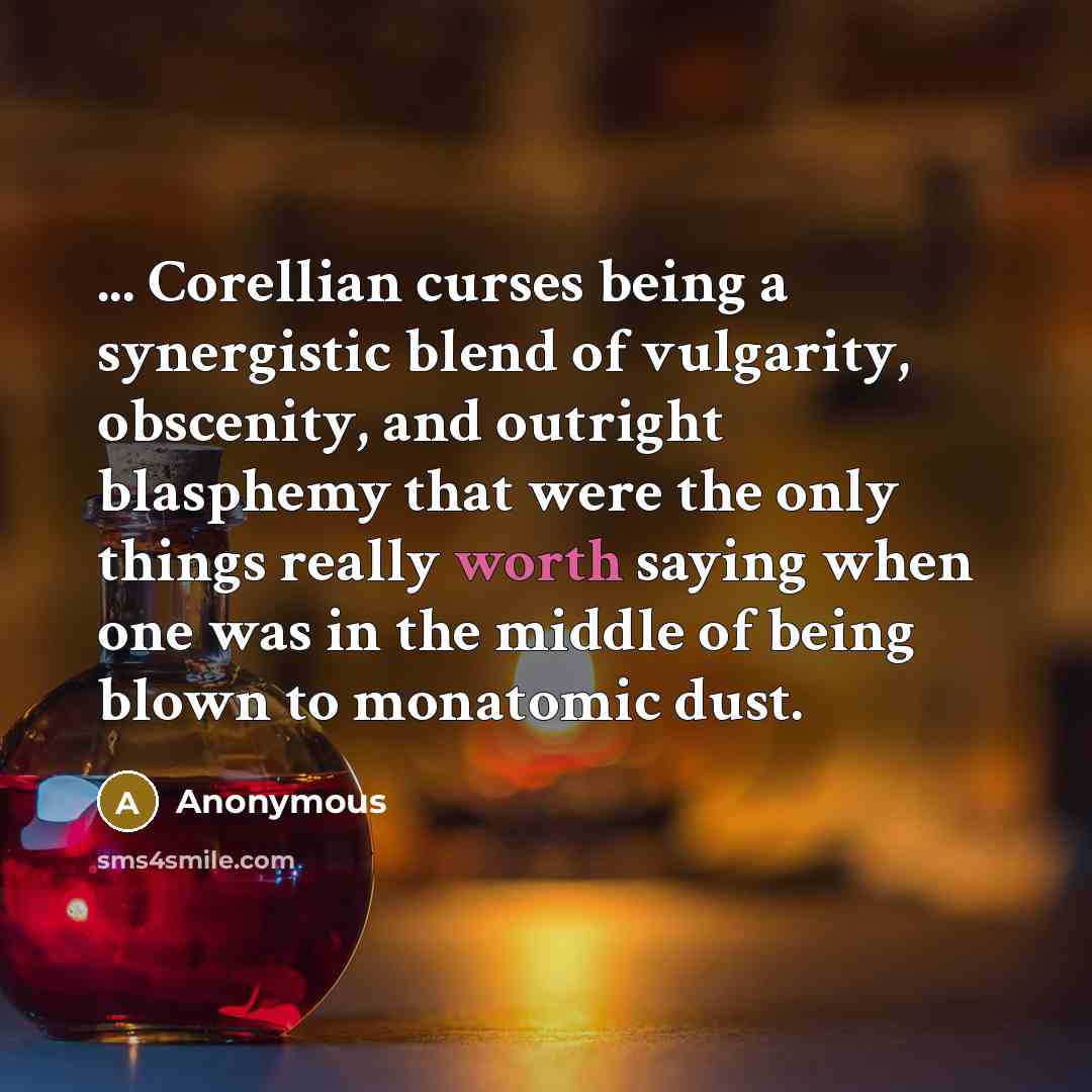“... Corellian curses being a synergistic blend of vulgarity, obscenity, and outright blasphemy that were the only things really worth saying when one was in the middle of being blown to monatomic dust.” quote by Anonymous