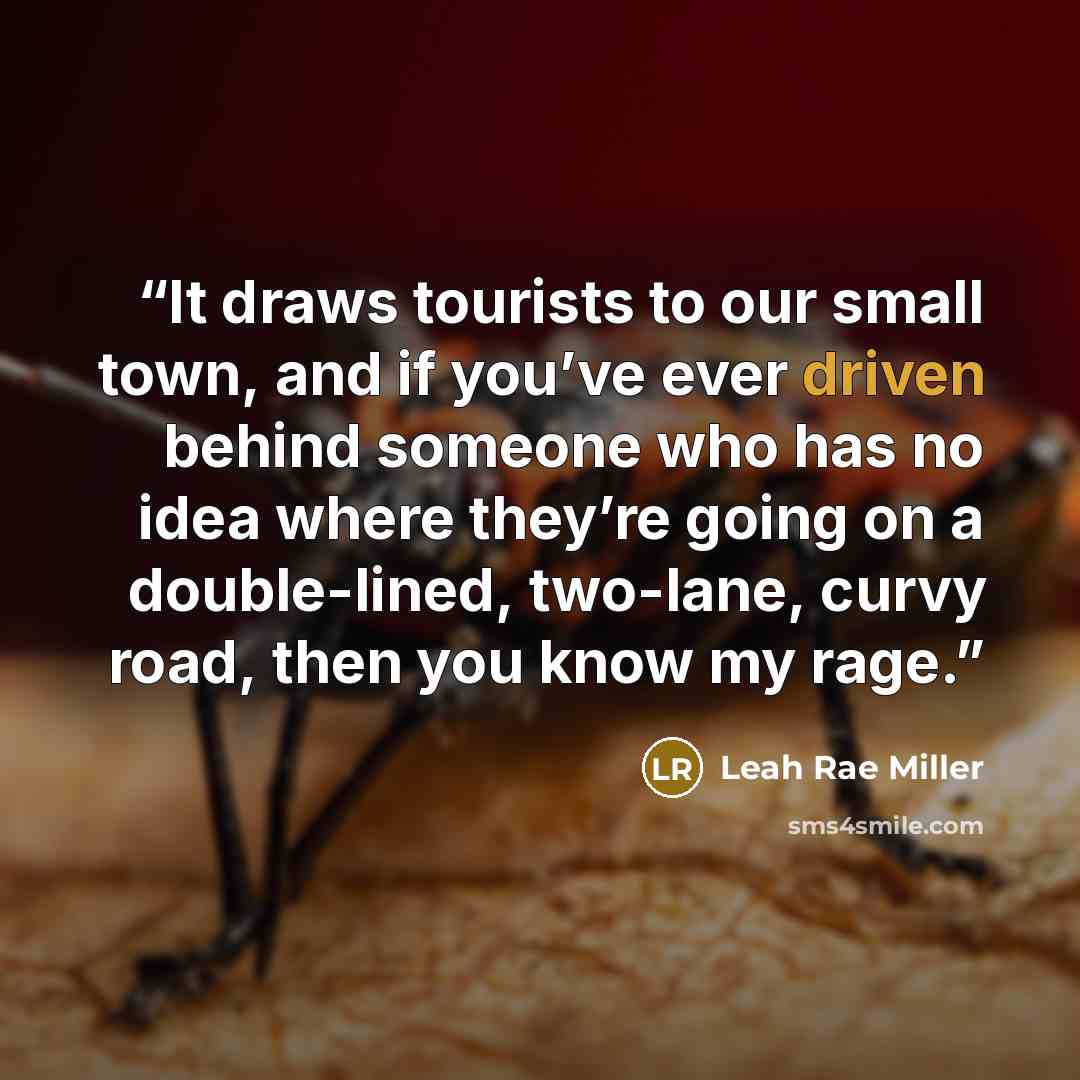 “It draws tourists to our small town, and if you’ve ever driven behind someone who has no idea where they’re going on a double-lined, two-lane, curvy road, then you know my rage.” quote by Leah Rae Miller