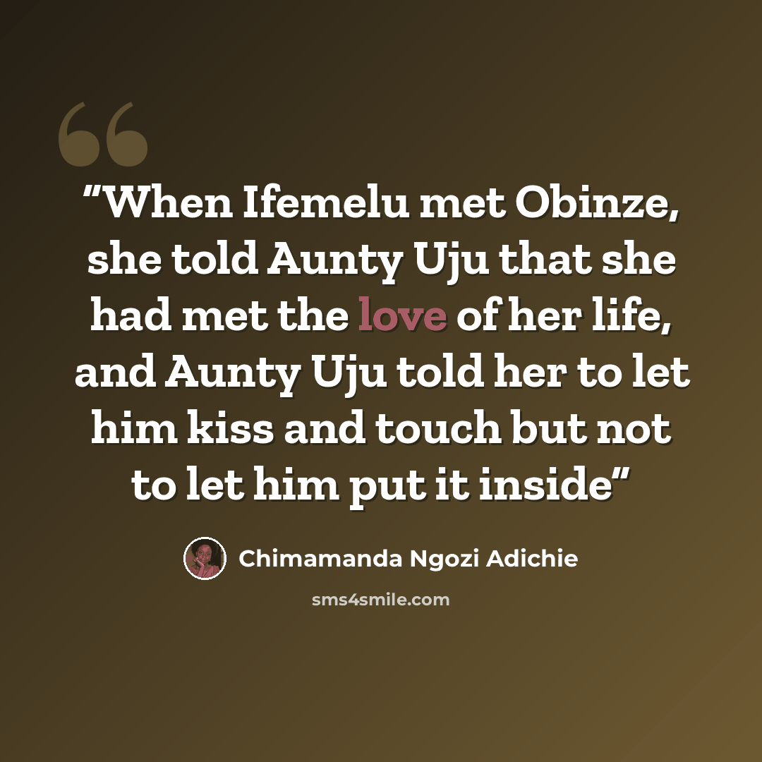 “When Ifemelu met Obinze, she told Aunty Uju that she had met the love of her life, and Aunty Uju told her to let him kiss and touch but not to let him put it inside” quote by Chimamanda Ngozi Adichie