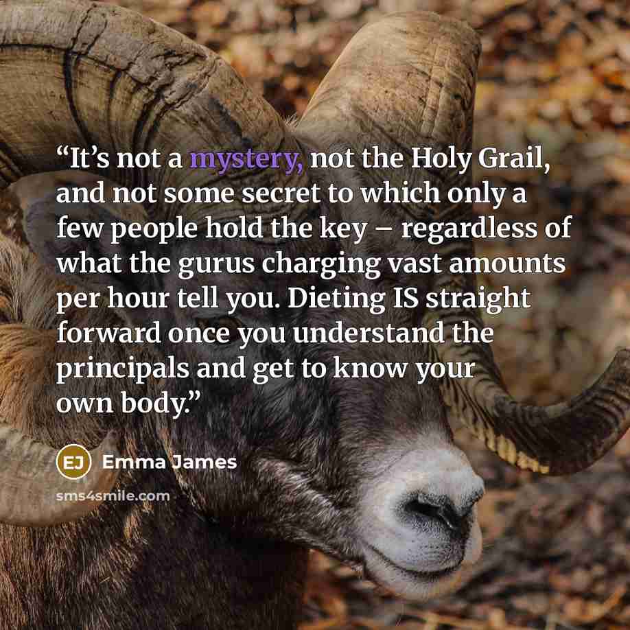 “It’s not a mystery, not the Holy Grail, and not some secret to which only a few people hold the key – regardless of what the gurus charging vast amounts per hour tell you. Dieting IS straight forward once you understand the principals and get to know your own body.” quote by Emma James