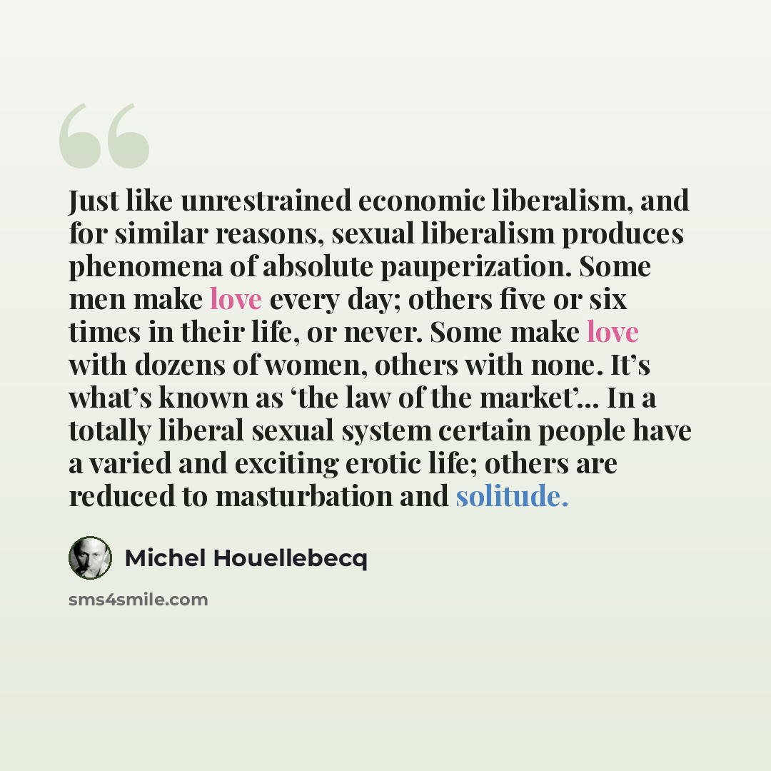 “Just like unrestrained economic liberalism, and for similar reasons, sexual liberalism produces phenomena of absolute pauperization. Some men make love every day; others five or six times in their life, or never. Some make love with dozens of women, others with none. It’s what’s known as ‘the law…” quote by Michel Houellebecq