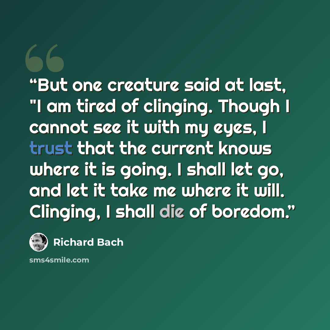 “But one creature said at last, "I am tired of clinging. Though I cannot see it with my eyes, I trust that the current knows where it is going. I shall let go, and let it take me where it will. Clinging, I shall die of boredom.” quote by Richard Bach