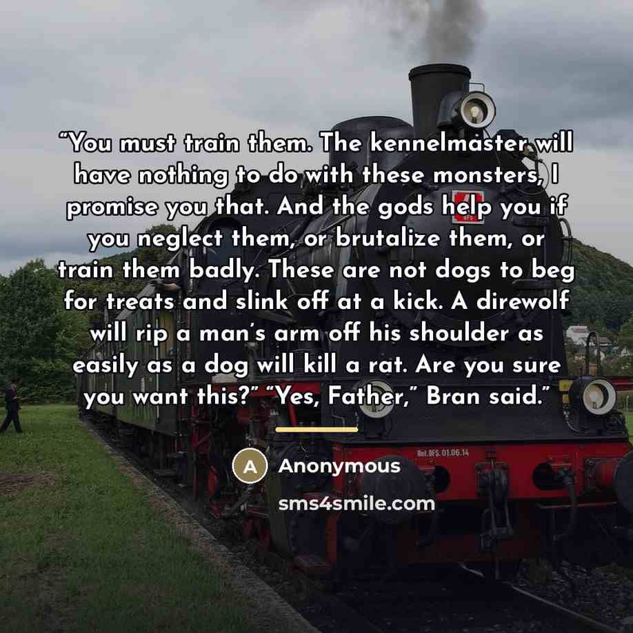 “You must train them. The kennelmaster will have nothing to do with these monsters, I promise you that. And the gods help you if you neglect them, or brutalize them, or train them badly. These are not dogs to beg for treats and slink off at a kick. A direwolf will rip a man’s arm off his shoulder…” quote by Anonymous