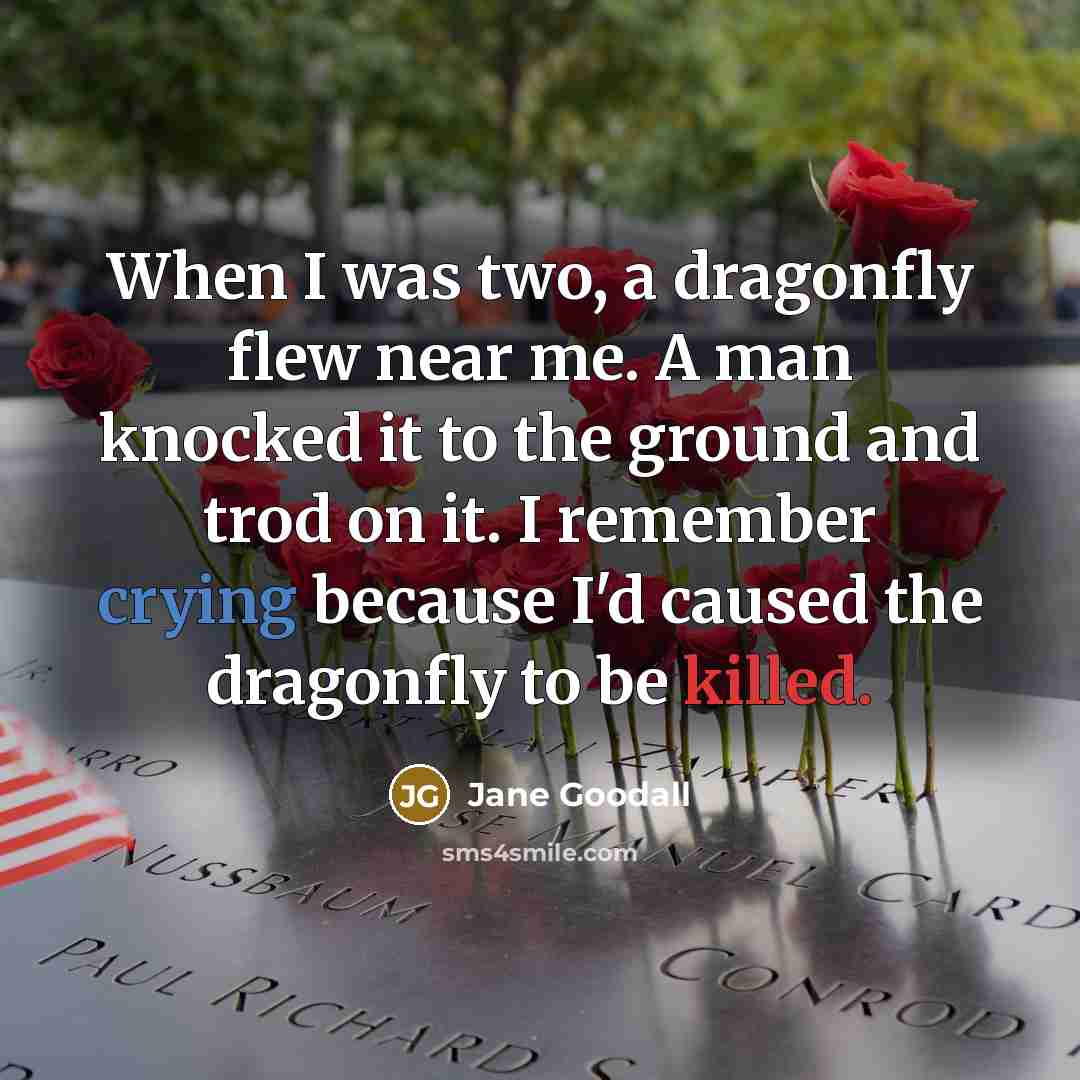“When I was two, a dragonfly flew near me. A man knocked it to the ground and trod on it. I remember crying because I'd caused the dragonfly to be killed.” quote by Jane Goodall