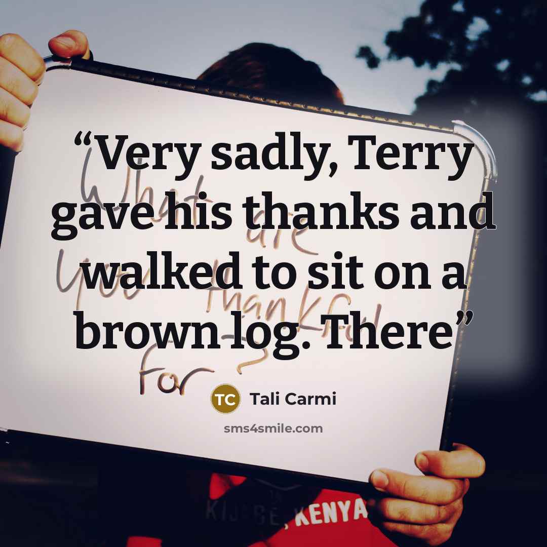 “Very sadly, Terry gave his thanks and walked to sit on a brown log. There” quote by Tali Carmi