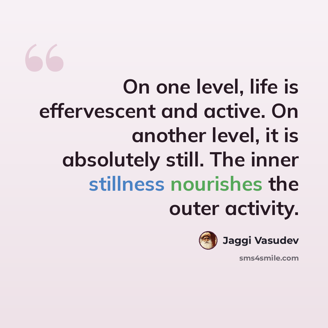 “On one level, life is effervescent and active. On another level, it is absolutely still. The inner stillness nourishes the outer activity.” quote by Jaggi Vasudev