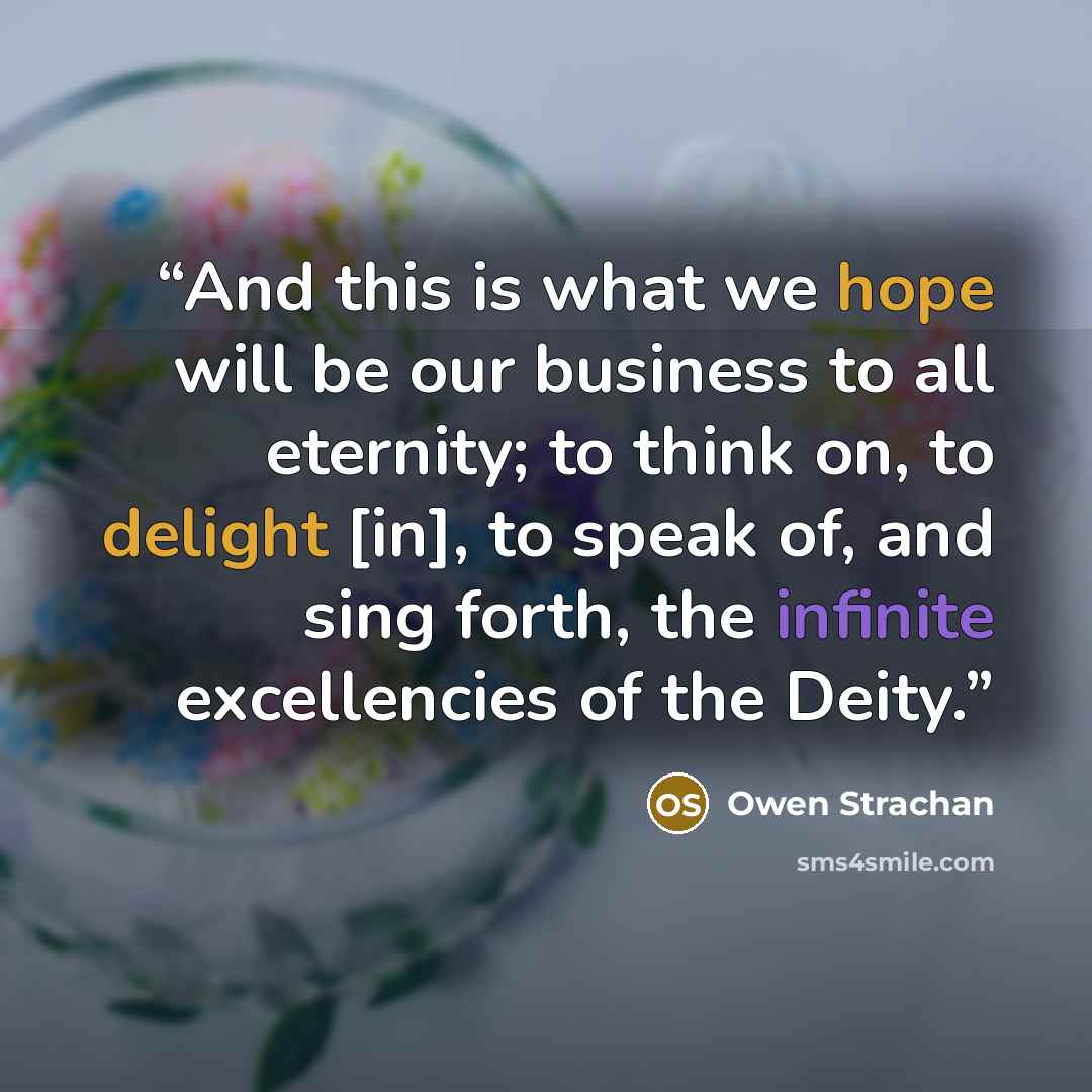 “And this is what we hope will be our business to all eternity; to think on, to delight [in], to speak of, and sing forth, the infinite excellencies of the Deity.” quote by Owen Strachan