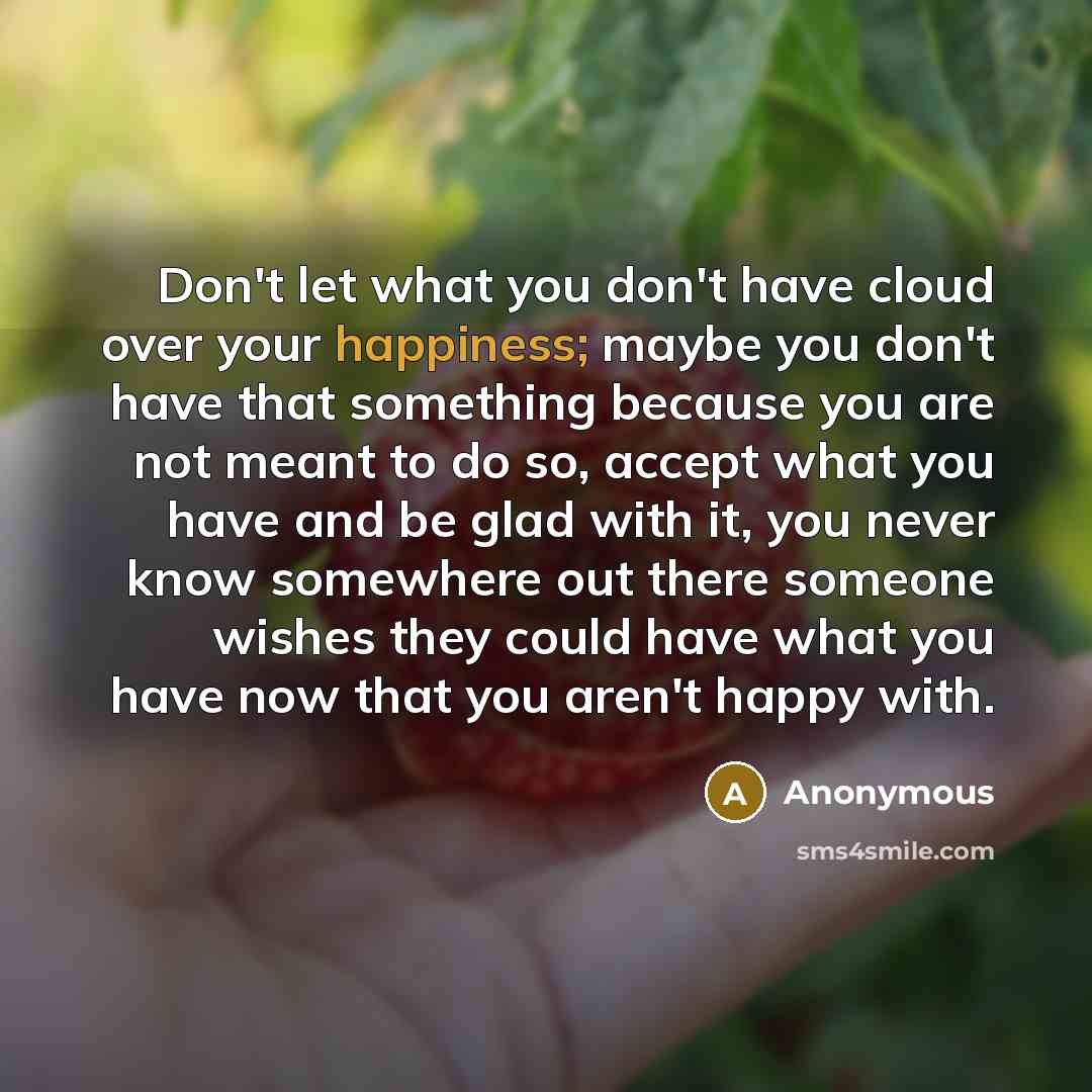 “Don't let what you don't have cloud over your happiness; maybe you don't have that something because you are not meant to do so, accept what you have and be glad with it, you never know somewhere out there someone wishes they could have what you have now that you aren't happy with.” quote by Anonymous
