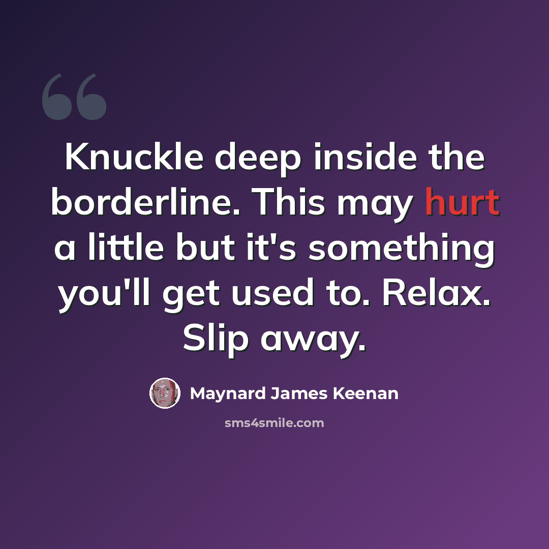 “Knuckle deep inside the borderline. This may hurt a little but it's something you'll get used to. Relax. Slip away.” quote by Maynard James Keenan