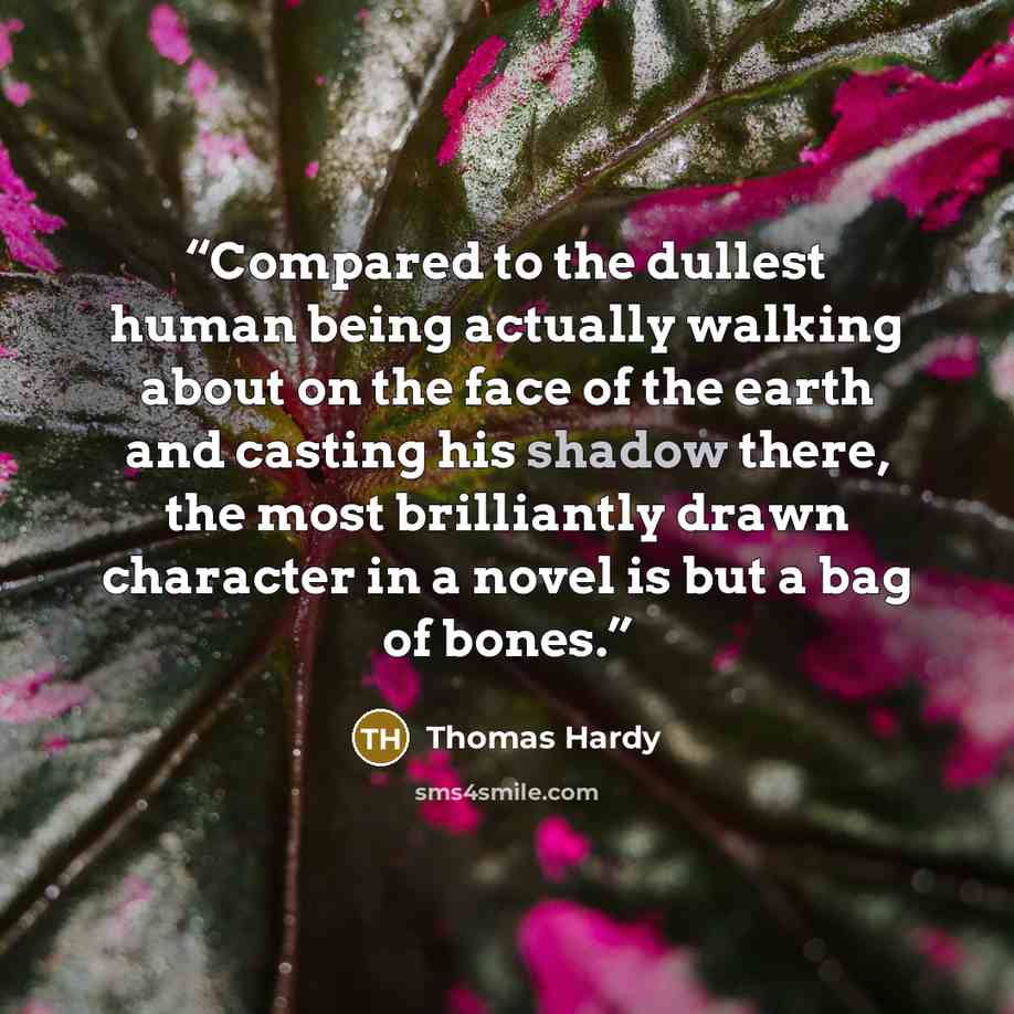 “Compared to the dullest human being actually walking about on the face of the earth and casting his shadow there, the most brilliantly drawn character in a novel is but a bag of bones.” quote by Thomas Hardy