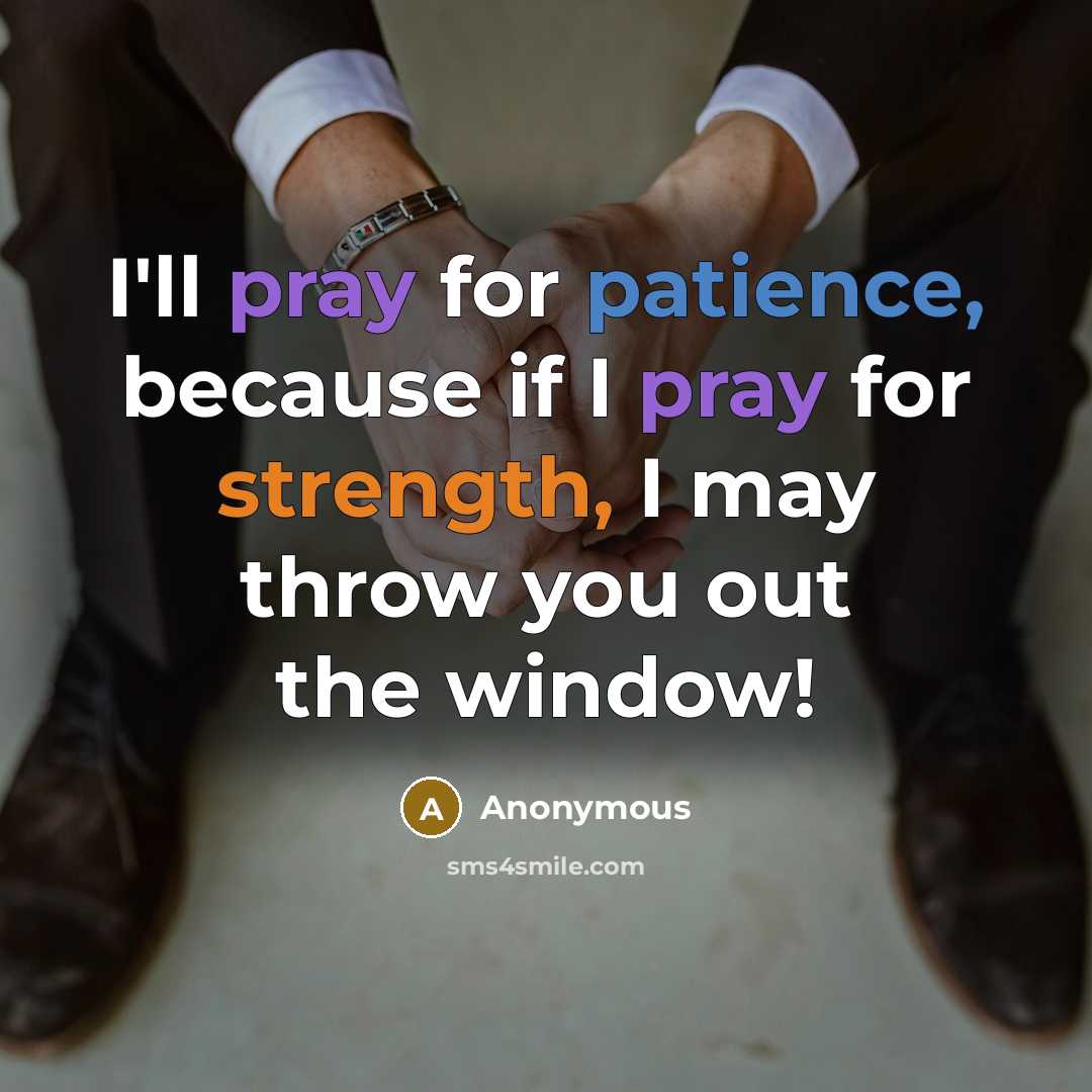“I'll pray for patience, because if I pray for strength, I may throw you out the window!” quote by Anonymous