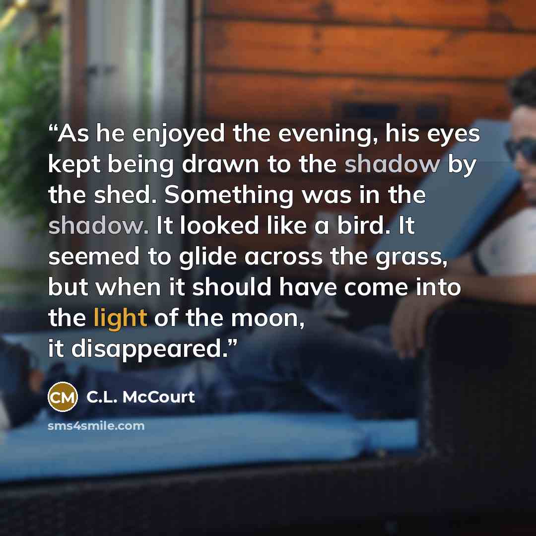 “As he enjoyed the evening, his eyes kept being drawn to the shadow by the shed. Something was in the shadow. It looked like a bird. It seemed to glide across the grass, but when it should have come into the light of the moon, it disappeared.” quote by C.L. McCourt