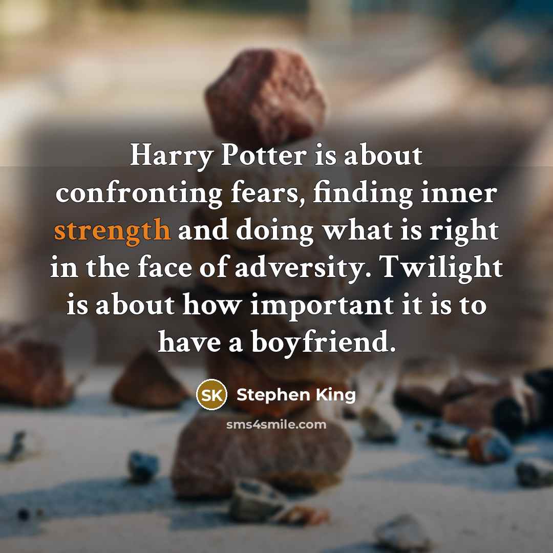 “Harry Potter is about confronting fears, finding inner strength and doing what is right in the face of adversity. Twilight is about how important it is to have a boyfriend.” quote by Stephen King