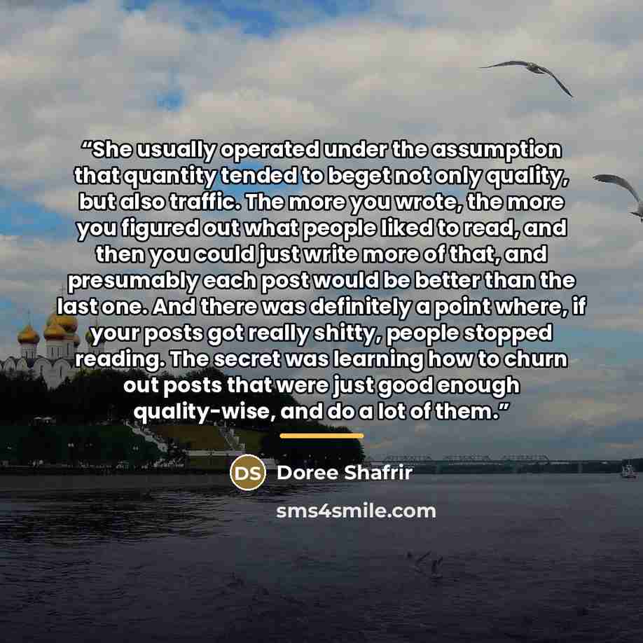 “She usually operated under the assumption that quantity tended to beget not only quality, but also traffic. The more you wrote, the more you figured out what people liked to read, and then you could just write more of that, and presumably each post would be better than the last one. And there was…” quote by Doree Shafrir