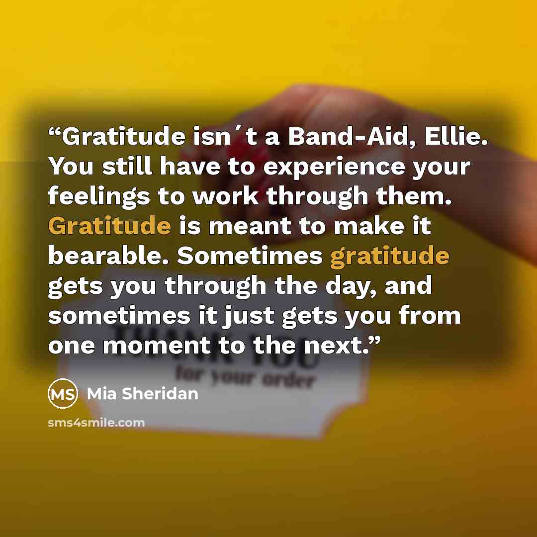 “Gratitude isn´t a Band-Aid, Ellie. You still have to experience your feelings to work through them. Gratitude is meant to make it bearable. Sometimes gratitude gets you through the day, and sometimes it just gets you from one moment to the next.” quote by Mia Sheridan