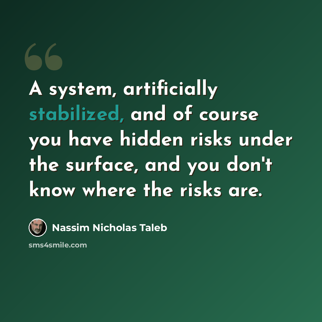 “A system, artificially stabilized, and of course you have hidden risks under the surface, and you don't know where the risks are.” quote by Nassim Nicholas Taleb