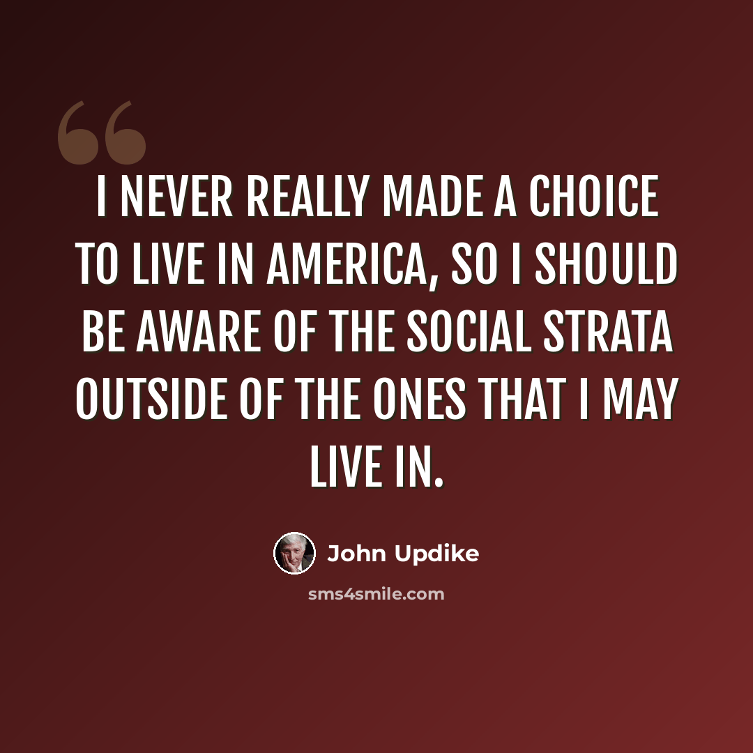 “I never really made a choice to live in America, so I should be aware of the social strata outside of the ones that I may live in.” quote by John Updike