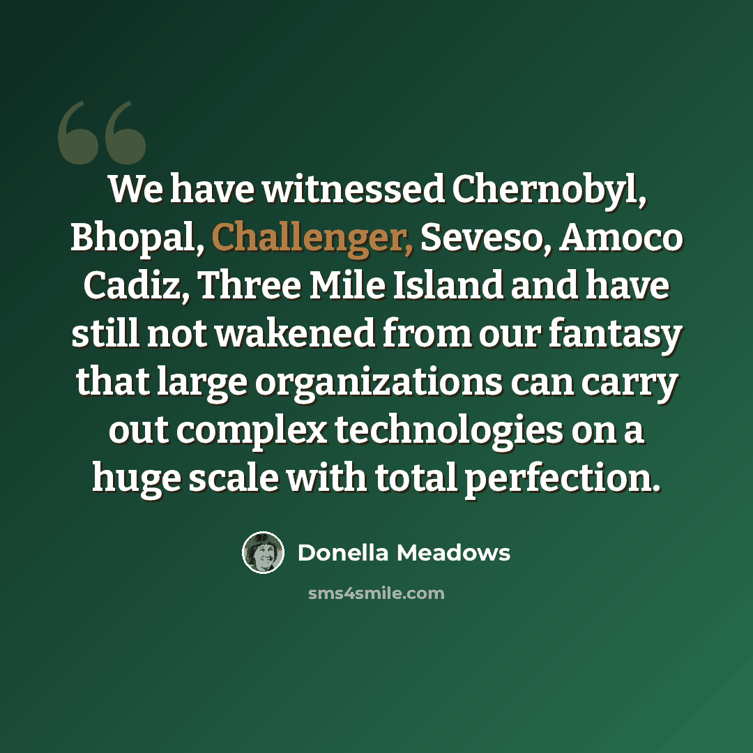 “We have witnessed Chernobyl, Bhopal, Challenger, Seveso, Amoco Cadiz, Three Mile Island and have still not wakened from our fantasy that large organizations can carry out complex technologies on a huge scale with total perfection.” quote by Donella Meadows
