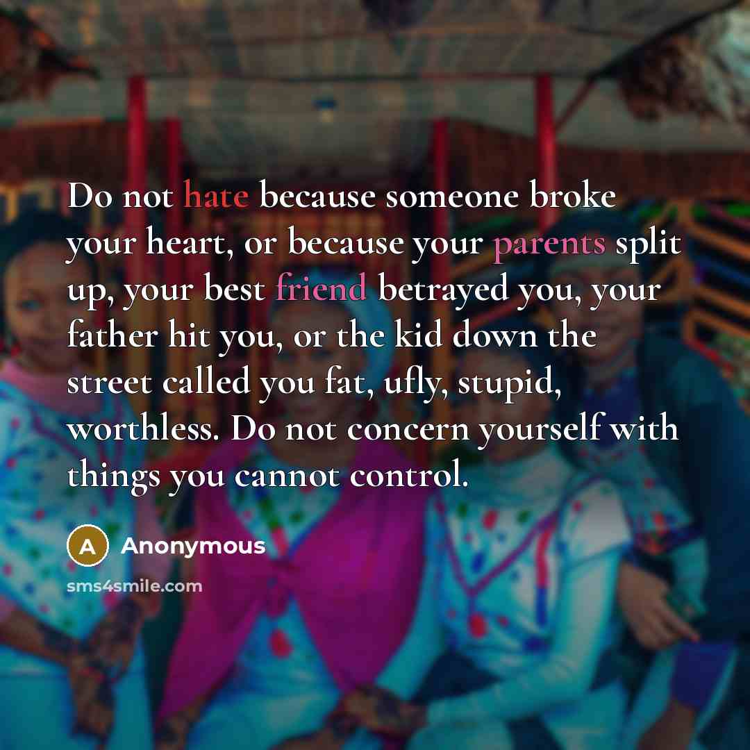 “Do not hate because someone broke your heart, or because your parents split up, your best friend betrayed you, your father hit you, or the kid down the street called you fat, ufly, stupid, worthless. Do not concern yourself with things you cannot control.” quote by Anonymous