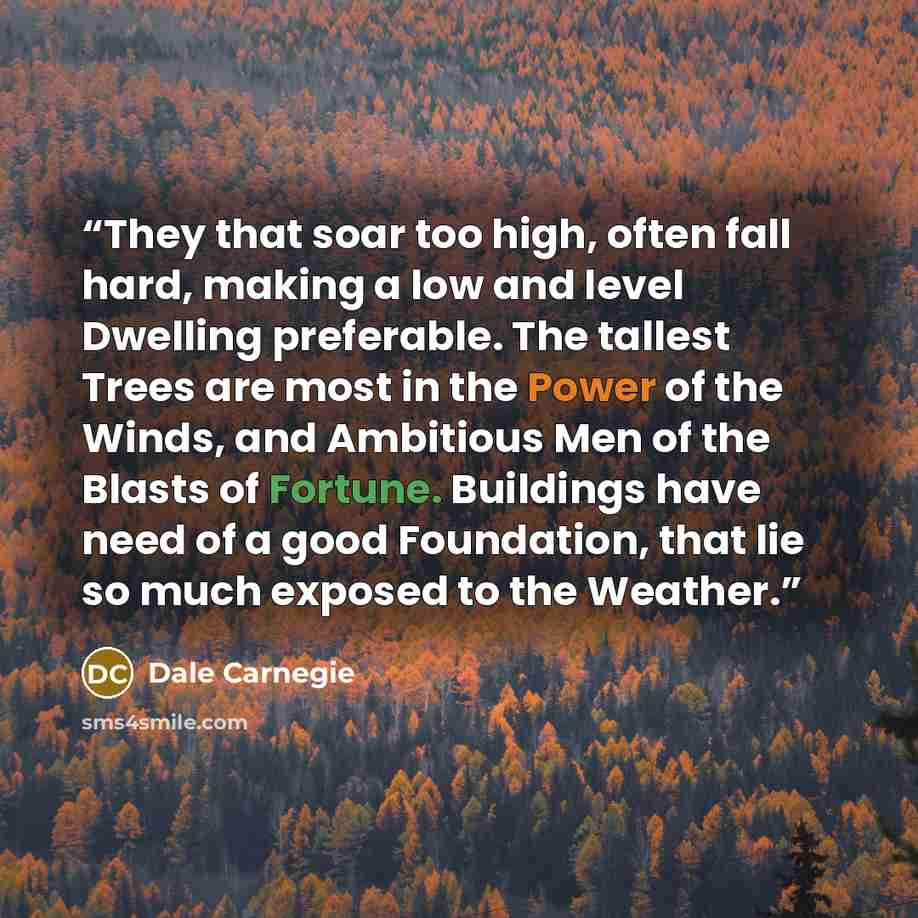“They that soar too high, often fall hard, making a low and level Dwelling preferable. The tallest Trees are most in the Power of the Winds, and Ambitious Men of the Blasts of Fortune. Buildings have need of a good Foundation, that lie so much exposed to the Weather.” quote by Dale Carnegie