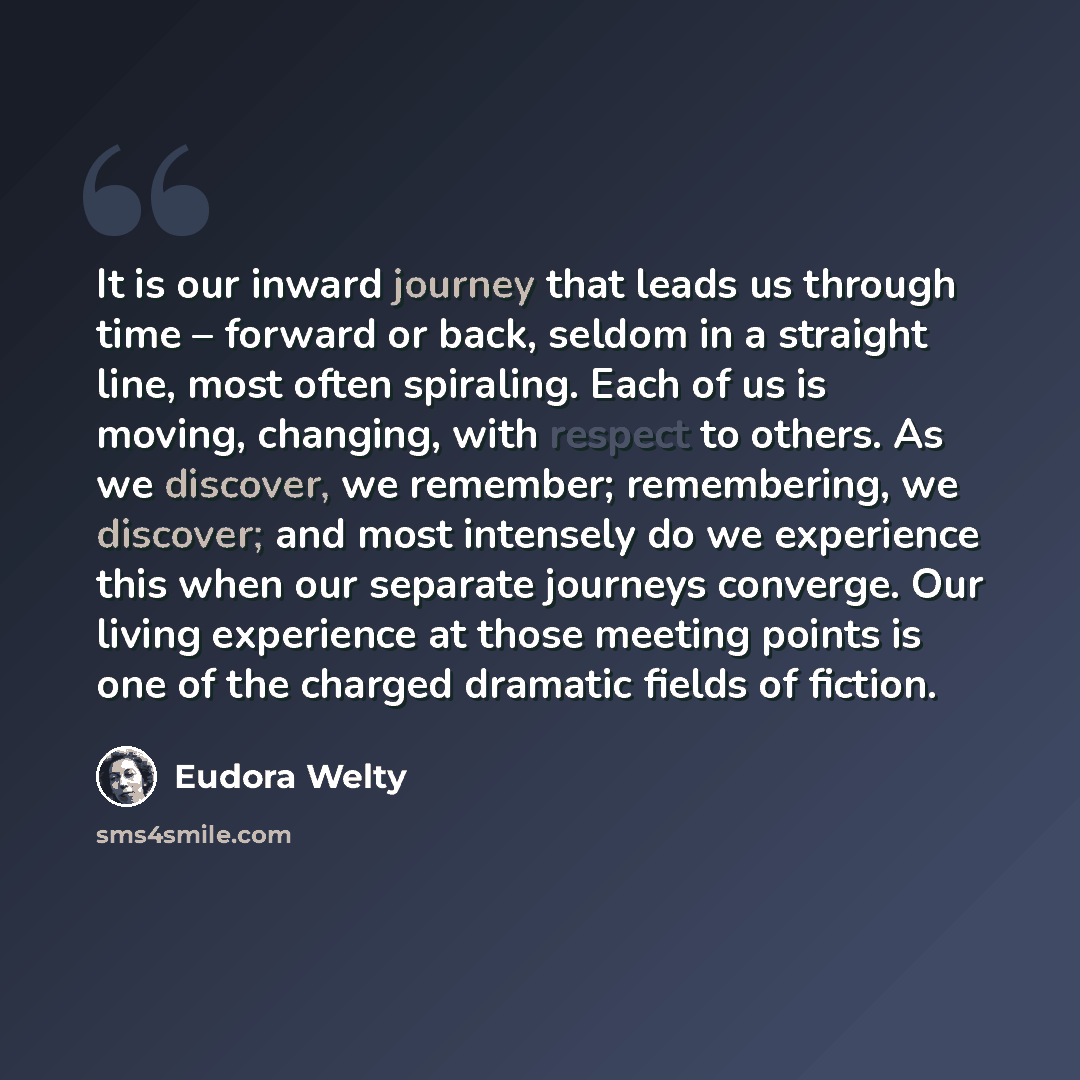 “It is our inward journey that leads us through time – forward or back, seldom in a straight line, most often spiraling. Each of us is moving, changing, with respect to others. As we discover, we remember; remembering, we discover; and most intensely do we experience this when our separate journeys…” quote by Eudora Welty