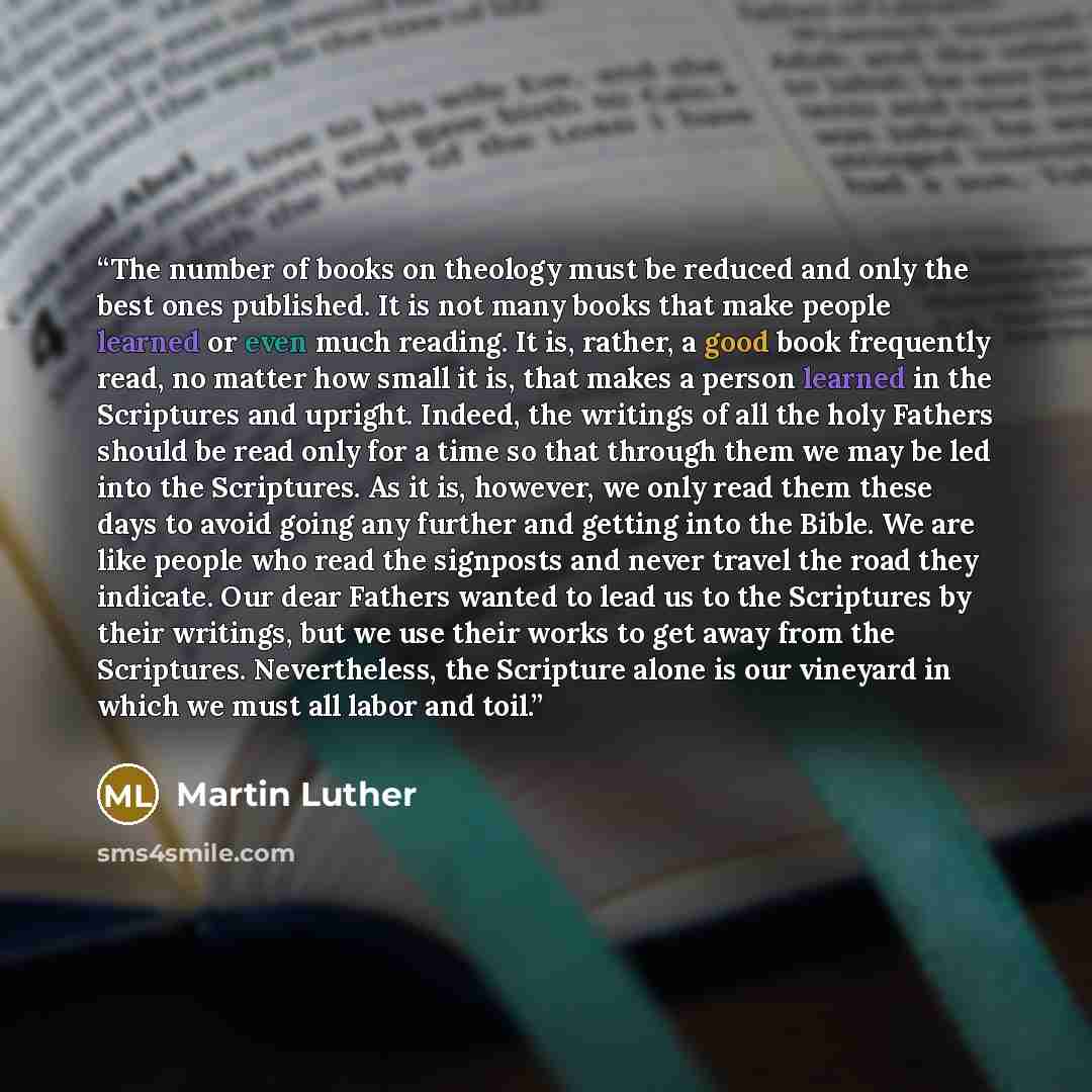 “The number of books on theology must be reduced and only the best ones published. It is not many books that make people learned or even much reading. It is, rather, a good book frequently read, no matter how small it is, that makes a person learned in the Scriptures and upright. Indeed, the…” quote by Martin Luther