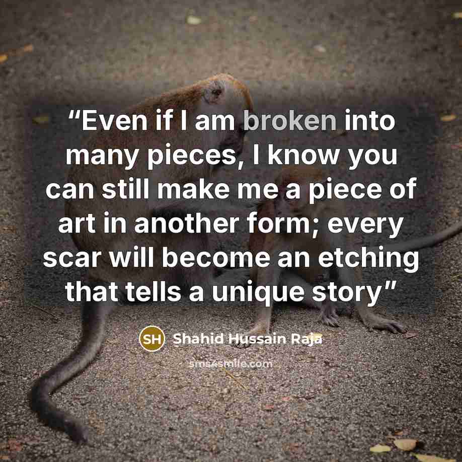 “Even if I am broken into many pieces, I know you can still make me a piece of art in another form; every scar will become an etching that tells a unique story” quote by Shahid Hussain Raja