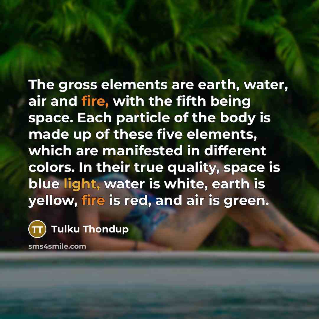 “The gross elements are earth, water, air and fire, with the fifth being space. Each particle of the body is made up of these five elements, which are manifested in different colors. In their true quality, space is blue light, water is white, earth is yellow, fire is red, and air is green.” quote by Tulku Thondup