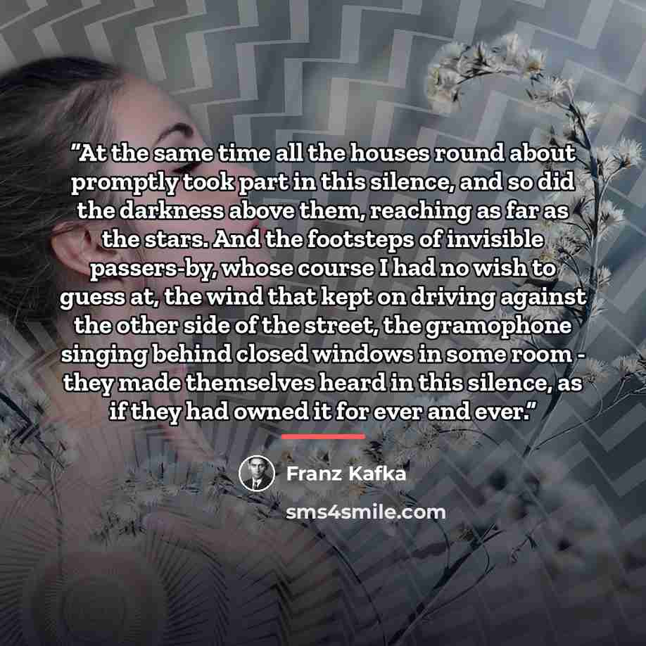 “At the same time all the houses round about promptly took part in this silence, and so did the darkness above them, reaching as far as the stars. And the footsteps of invisible passers-by, whose course I had no wish to guess at, the wind that kept on driving against the other side of the street…” quote by Franz Kafka