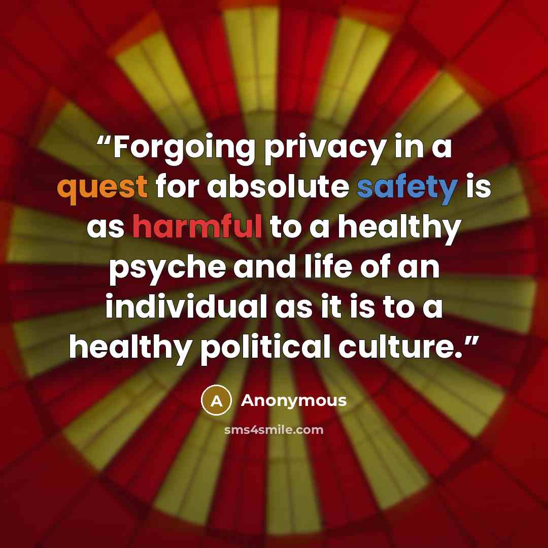 “Forgoing privacy in a quest for absolute safety is as harmful to a healthy psyche and life of an individual as it is to a healthy political culture.” quote by Anonymous