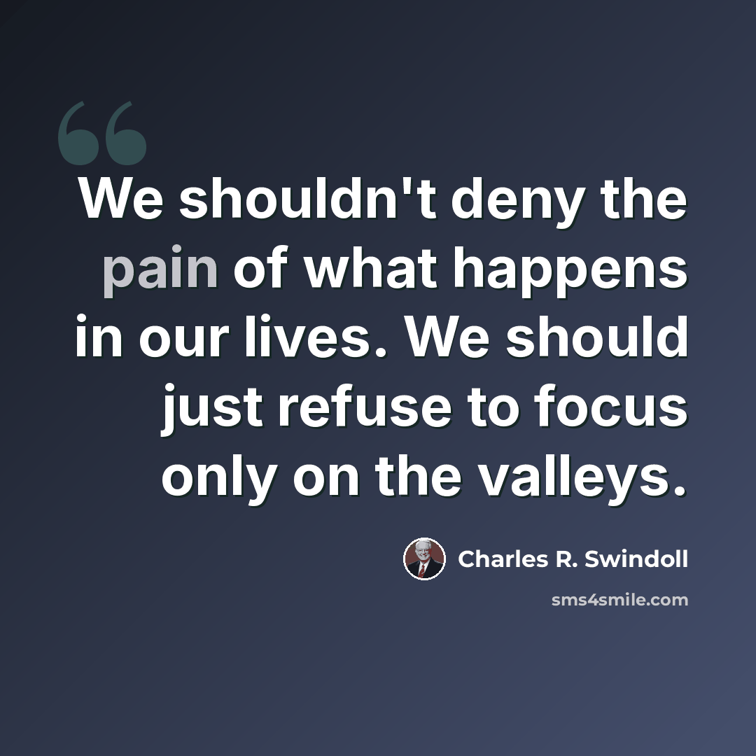 “We shouldn't deny the pain of what happens in our lives. We should just refuse to focus only on the valleys.” quote by Charles R. Swindoll