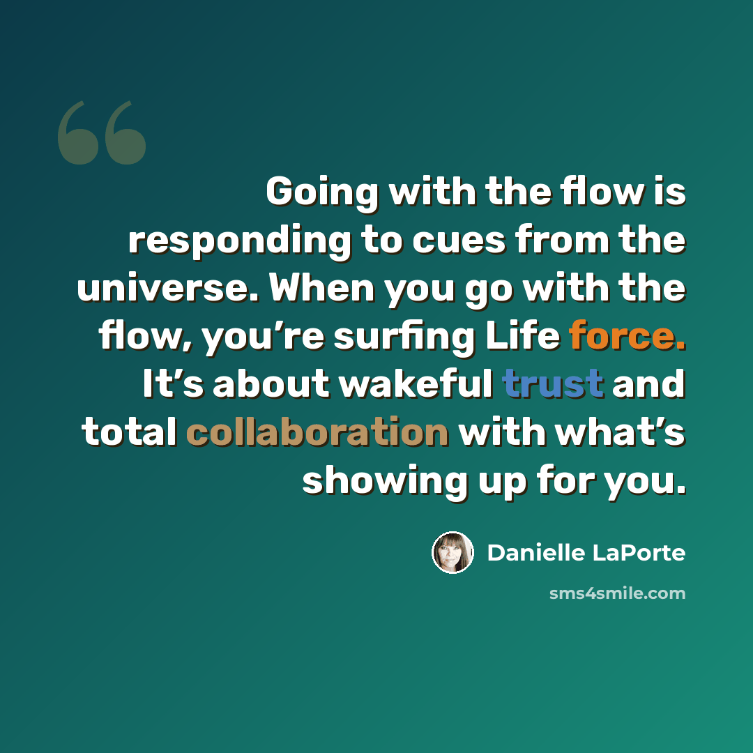 “Going with the flow is responding to cues from the universe. When you go with the flow, you’re surfing Life force. It’s about wakeful trust and total collaboration with what’s showing up for you.” quote by Danielle LaPorte