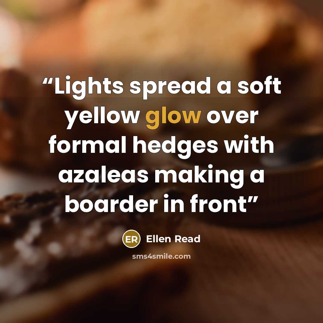 “Lights spread a soft yellow glow over formal hedges with azaleas making a boarder in front” quote by Ellen Read