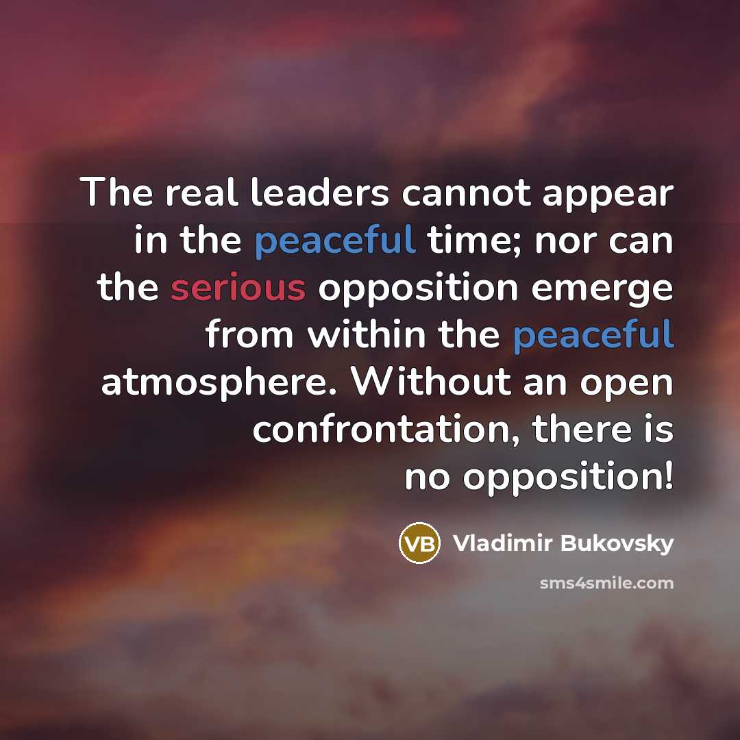 “The real leaders cannot appear in the peaceful time; nor can the serious opposition emerge from within the peaceful atmosphere. Without an open confrontation, there is no opposition!” quote by Vladimir Bukovsky