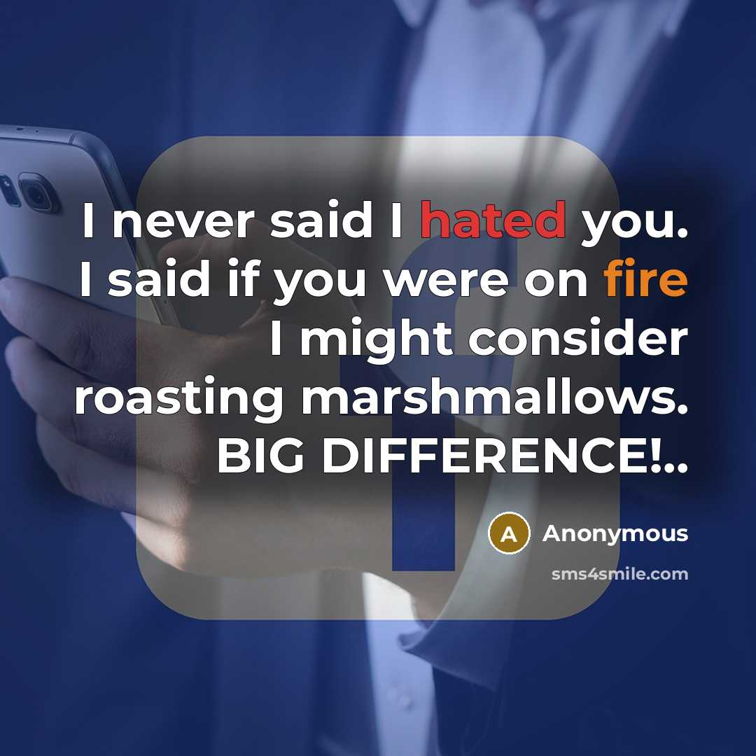 “I never said I hated you. I said if you were on fire I might consider roasting marshmallows. BIG DIFFERENCE!..” quote by Anonymous