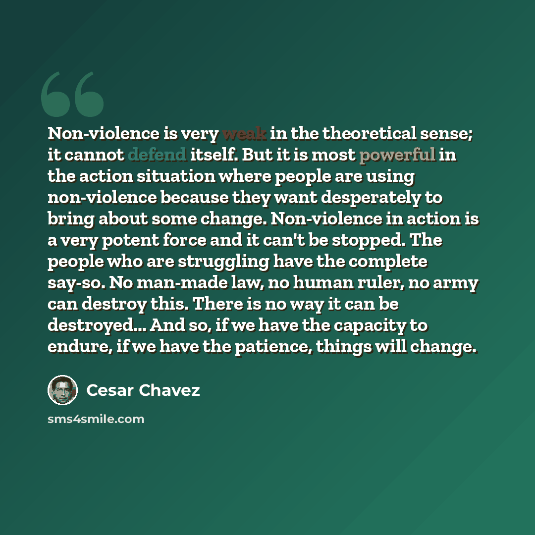 “Non-violence is very weak in the theoretical sense; it cannot defend itself. But it is most powerful in the action situation where people are using non-violence because they want desperately to bring about some change. Non-violence in action is a very potent force and it can't be stopped. The…” quote by Cesar Chavez