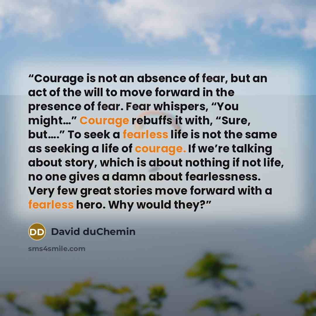 “Courage is not an absence of fear, but an act of the will to move forward in the presence of fear. Fear whispers, “You might…” Courage rebuffs it with, “Sure, but….” To seek a fearless life is not the same as seeking a life of courage. If we’re talking about story, which is about nothing if not…” quote by David duChemin