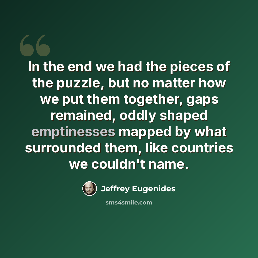 “In the end we had the pieces of the puzzle, but no matter how we put them together, gaps remained, oddly shaped emptinesses mapped by what surrounded them, like countries we couldn't name.” quote by Jeffrey Eugenides
