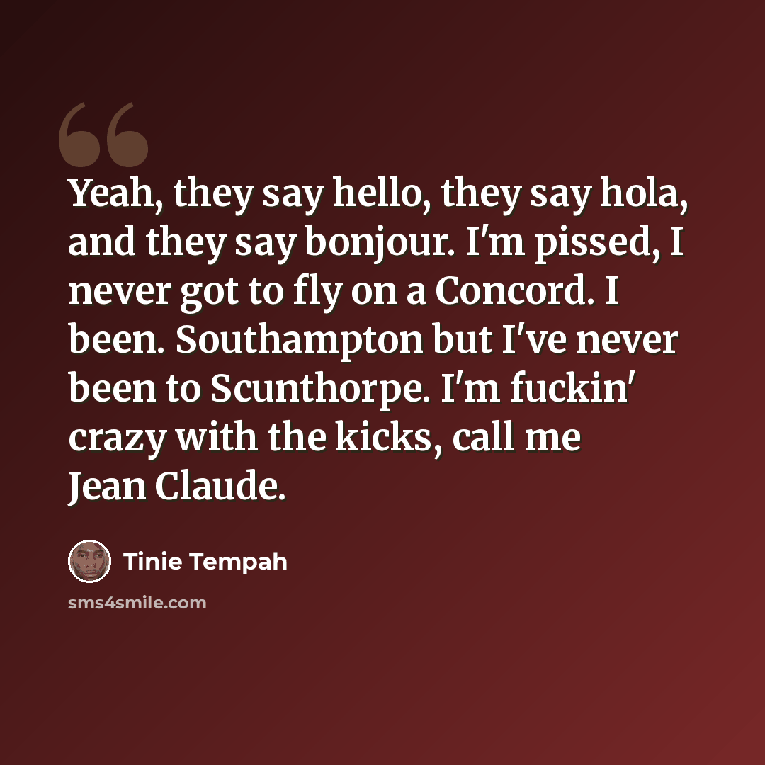 “Yeah, they say hello, they say hola, and they say bonjour. I'm pissed, I never got to fly on a Concord. I been. Southampton but I've never been to Scunthorpe. I'm fuckin' crazy with the kicks, call me Jean Claude.” quote by Tinie Tempah