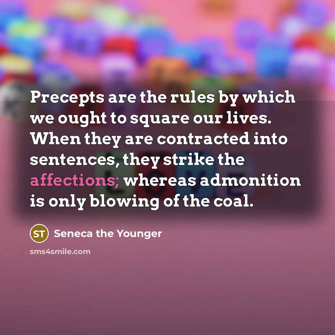 “Precepts are the rules by which we ought to square our lives. When they are contracted into sentences, they strike the affections; whereas admonition is only blowing of the coal.” quote by Seneca the Younger