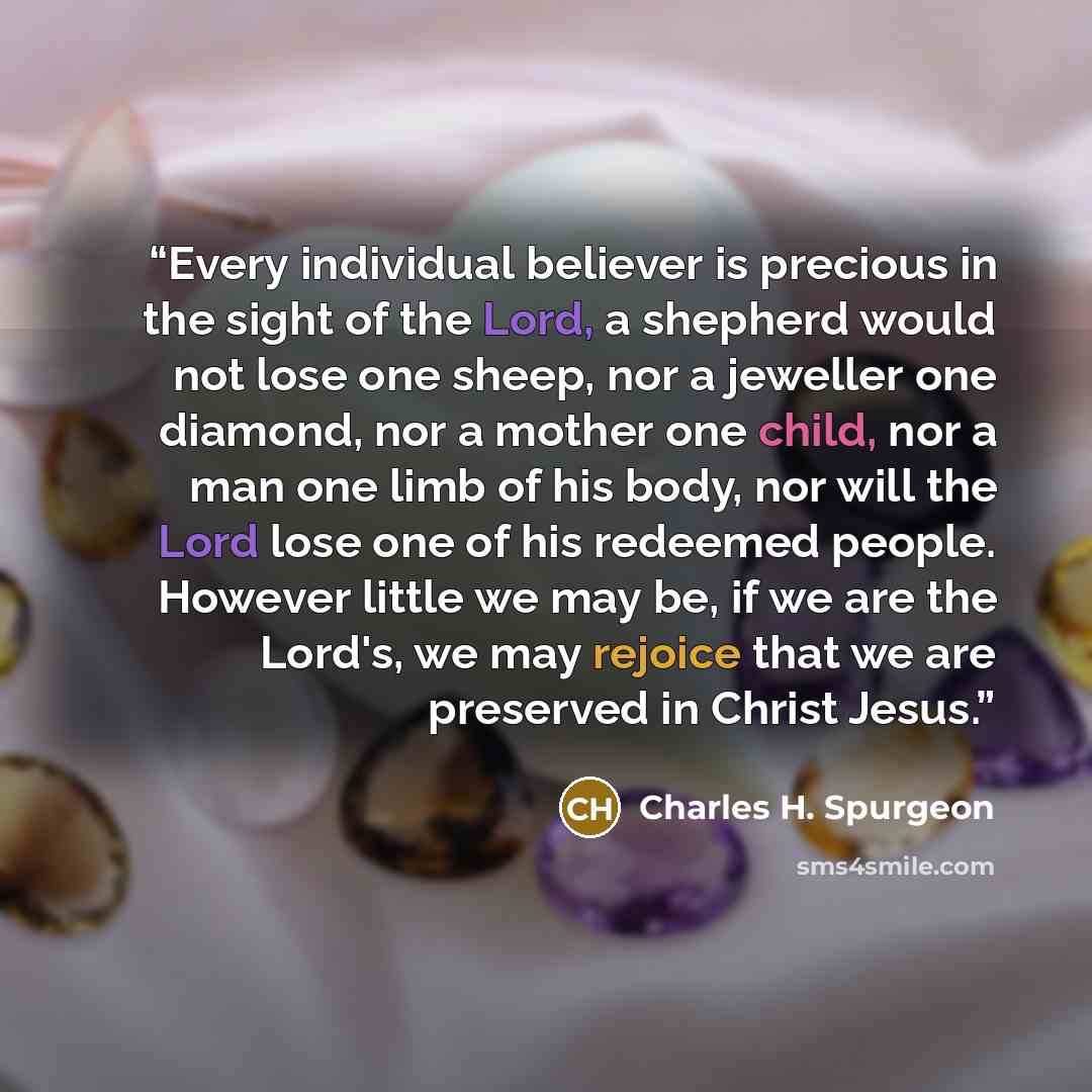 “Every individual believer is precious in the sight of the Lord, a shepherd would not lose one sheep, nor a jeweller one diamond, nor a mother one child, nor a man one limb of his body, nor will the Lord lose one of his redeemed people. However little we may be, if we are the Lord's, we may rejoice…” quote by Charles H. Spurgeon