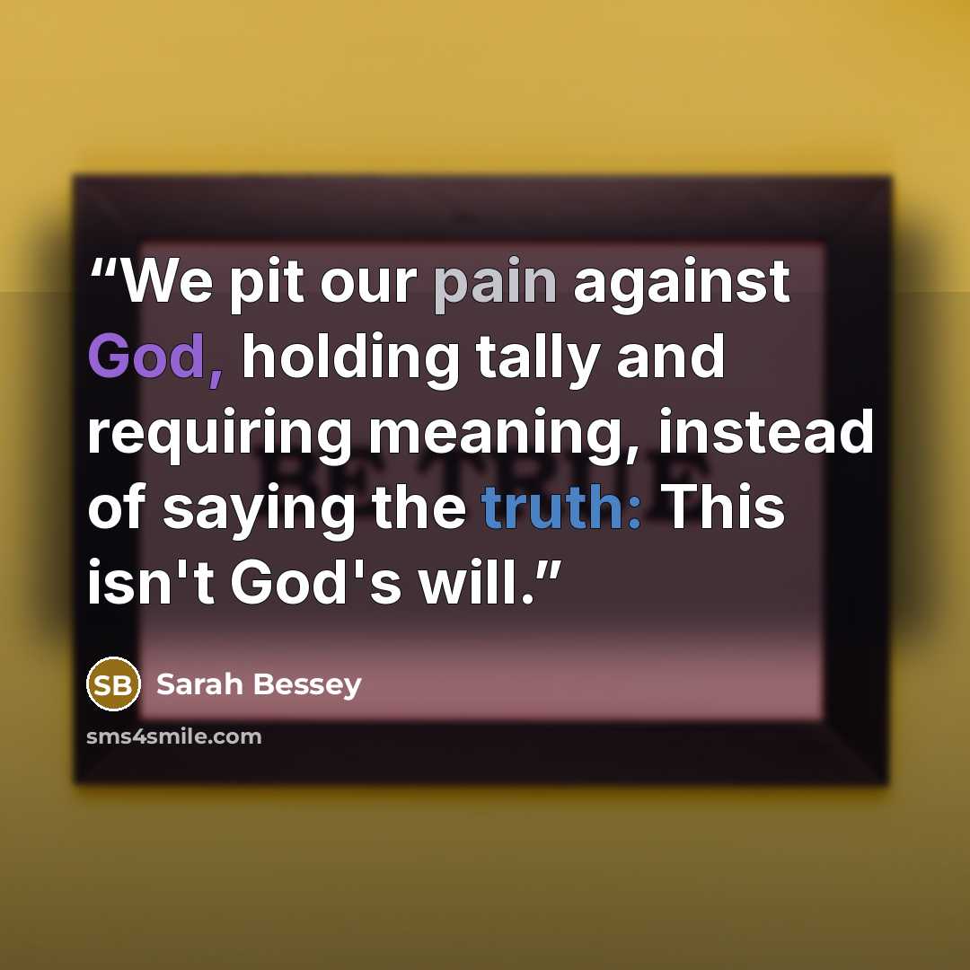 “We pit our pain against God, holding tally and requiring meaning, instead of saying the truth: This isn't God's will.” quote by Sarah Bessey