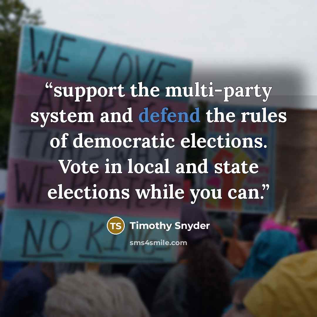 “support the multi-party system and defend the rules of democratic elections. Vote in local and state elections while you can.” quote by Timothy Snyder