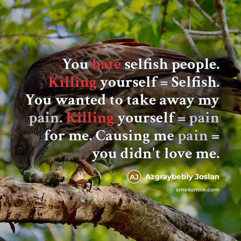 “You hate selfish people. Killing yourself = Selfish. You wanted to take away my pain. Killing yourself = pain for me. Causing me pain = you didn't love me.” quote by Azgraybebly Joslan