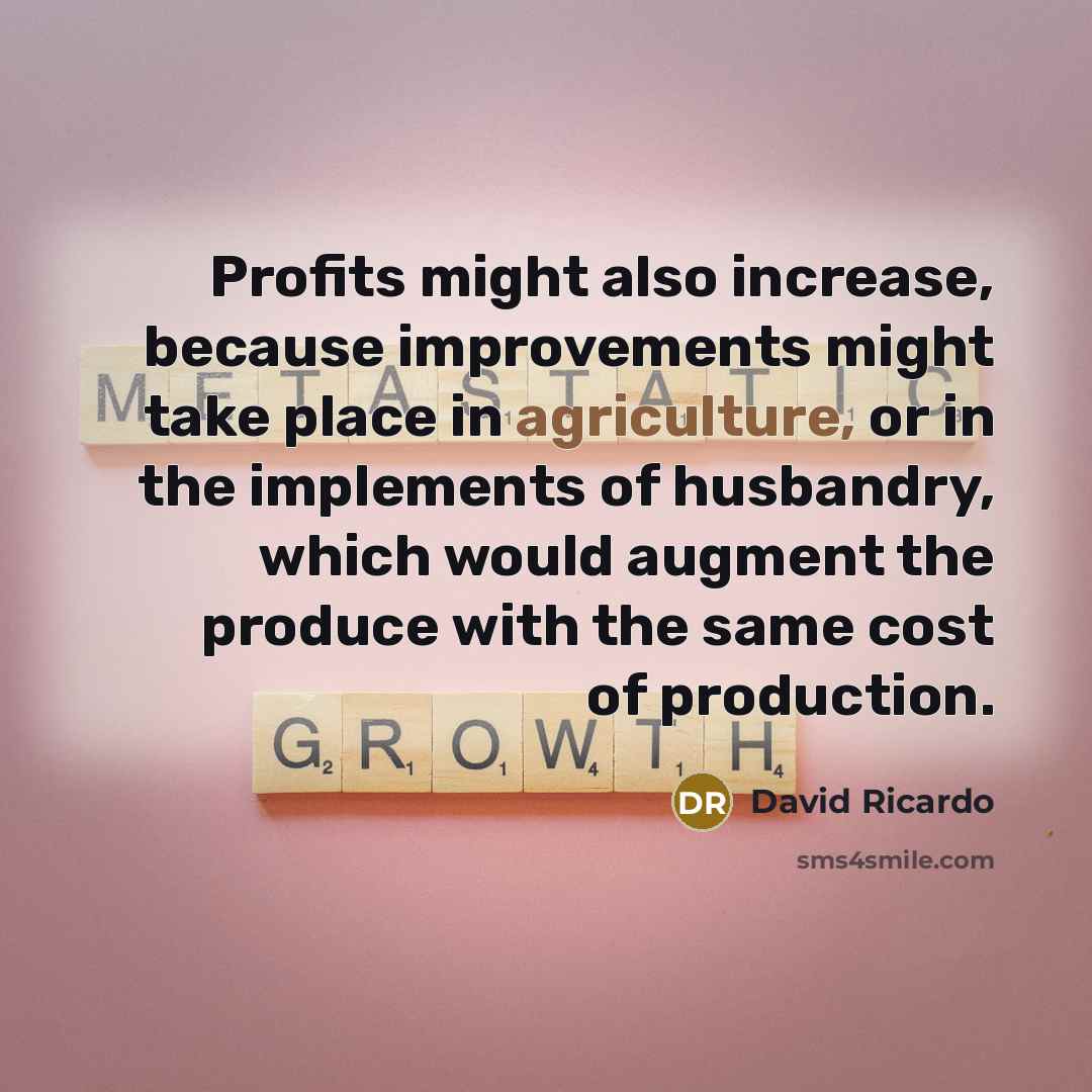 “Profits might also increase, because improvements might take place in agriculture, or in the implements of husbandry, which would augment the produce with the same cost of production.” quote by David Ricardo
