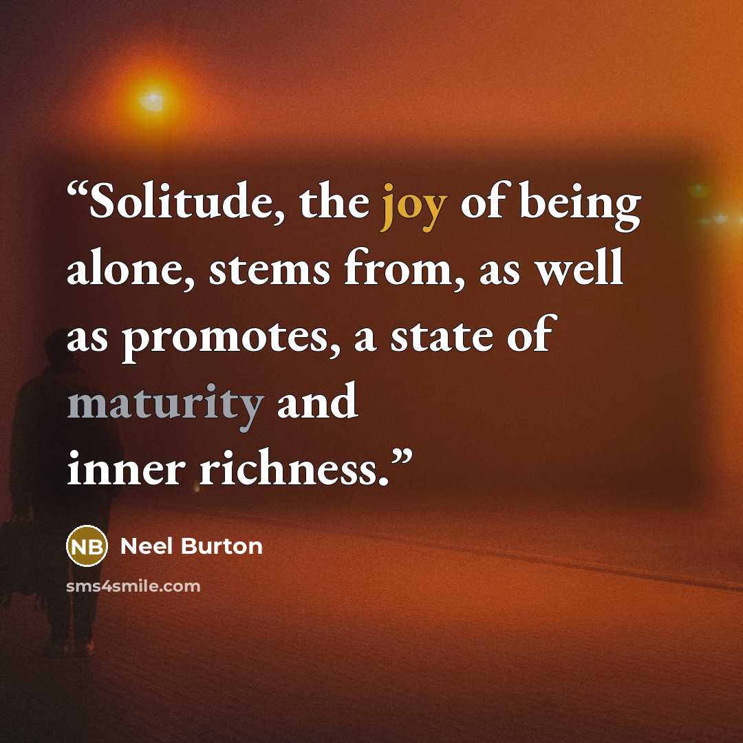 “Solitude, the joy of being alone, stems from, as well as promotes, a state of maturity and inner richness.” quote by Neel Burton